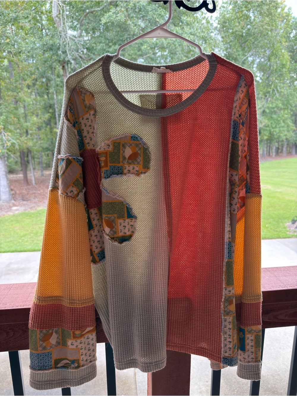 easel Patchwork Colorblock Waffle Knit Top - Cream, Rust, Mustard, Olive